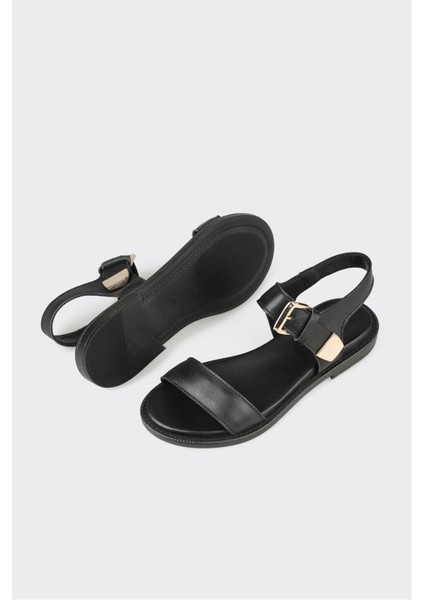 Siyah Deri Kadın Düz Sandalet modelleri