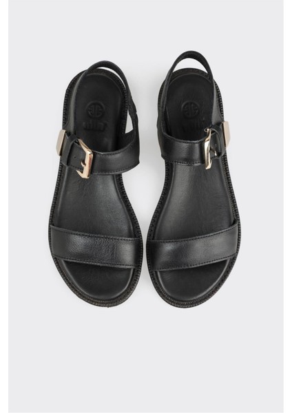 Siyah Deri Kadın Düz Sandalet fırsatları