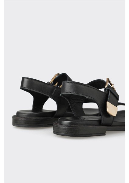 Siyah Deri Kadın Düz Sandalet indirimleri