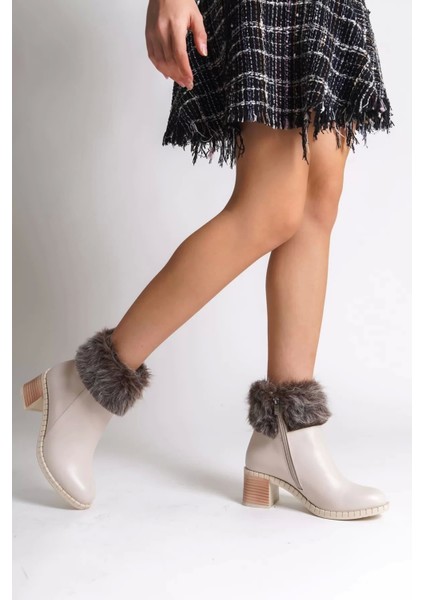 Julıa Fermuarlı Ortopedik Taban Tüylü Topuklu Kadın Bot Kt - Krem fiyatları