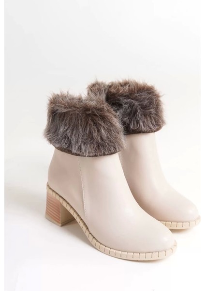 Julıa Fermuarlı Ortopedik Taban Tüylü Topuklu Kadın Bot Kt - Krem fırsatları