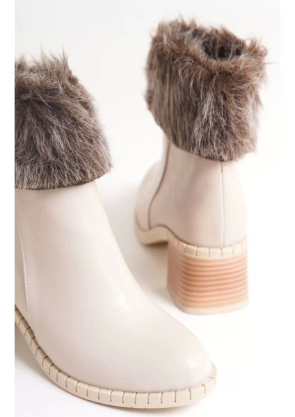 Julıa Fermuarlı Ortopedik Taban Tüylü Topuklu Kadın Bot Kt - Krem indirimleri
