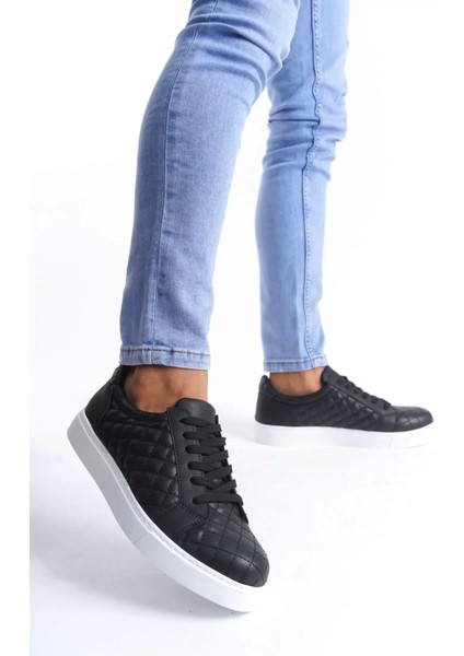 SLW166 Prestige Bağcıklı Cilt Kapitone Desenli Erkek Günlük Sneaker Ayakkabı Cbt - Siyah