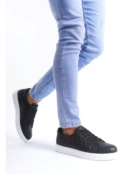 SLW166 Prestige Bağcıklı Cilt Kapitone Desenli Erkek Günlük Sneaker Ayakkabı Cbt - Siyah