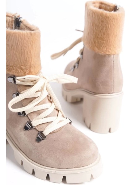 Emma Bağcıklı Fermuarlı Ortopedik Taban Topuklu Kürk Detaylı Süet Kadın Bot Tt - Ten indirimleri