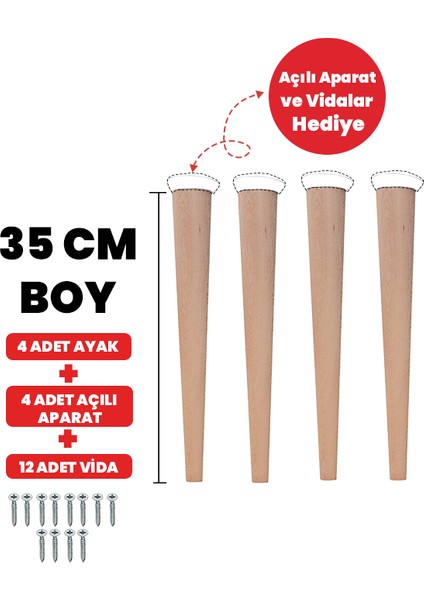 4'lü 35 cm Doğal Ahşap Ayak Konik Masa-Sandalye-Tabure- Sehpa Ayağı