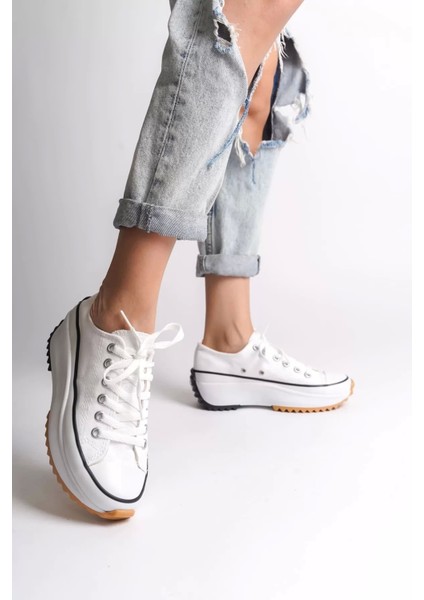 Parıs Bağcıklı Ortopedik Taban Kadın Sneaker Spor Ayakkabı Bt - Beyaz