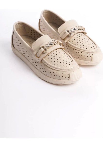 Lıly Bağcıksız Ortopedik Rahat Taban Kalp Desenli Kadın Babet Ayakkabı Kt - Krem fırsatları