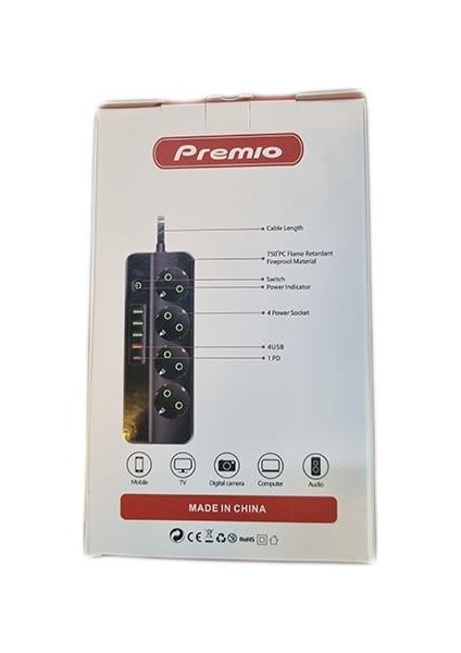 4 Lü Temassız 4 Usb' Li 1 Typ-C Girişli Grup Priz Siyah Renk 2 Metre