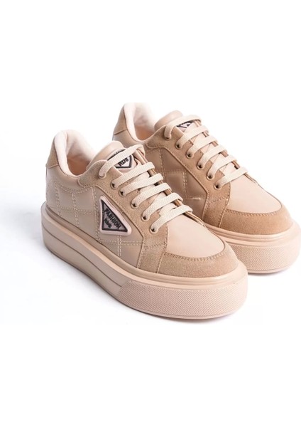 Prag Bağcıklı Ortopedik Taban Desenli Kadın Sneaker Spor Ayakkabı Tt - Ten