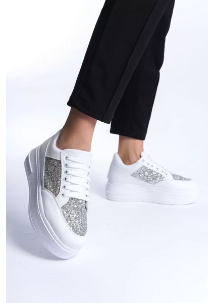 Mıpa Bağcıklı Ortopedik Taban Simli Kadın Sneaker Spor Ayakkabı Bt - Beyaz