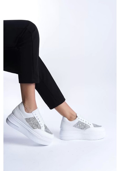 Mıpa Bağcıklı Ortopedik Taban Simli Kadın Sneaker Spor Ayakkabı Bt - Beyaz