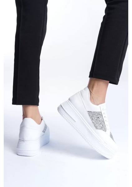 Mıpa Bağcıklı Ortopedik Taban Simli Kadın Sneaker Spor Ayakkabı Bt - Beyaz