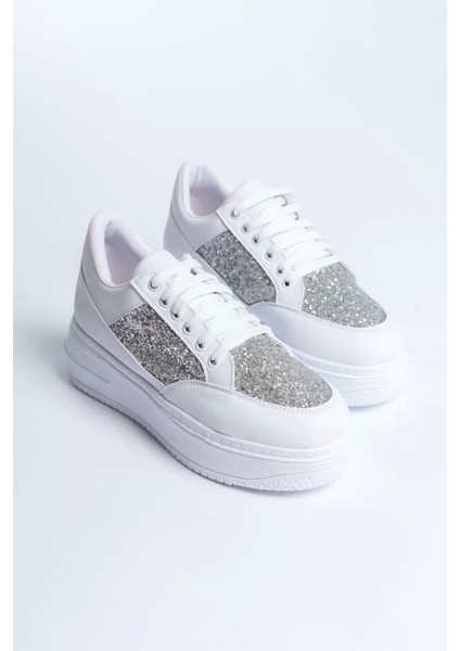 Mıpa Bağcıklı Ortopedik Taban Simli Kadın Sneaker Spor Ayakkabı Bt - Beyaz
