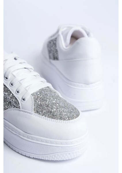 Mıpa Bağcıklı Ortopedik Taban Simli Kadın Sneaker Spor Ayakkabı Bt - Beyaz