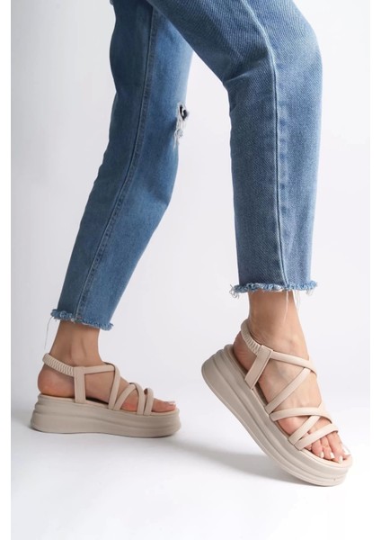 Bella Lastikli Şerit Detaylı Ortopedik Taban Kadın Sandalet Kt - Krem