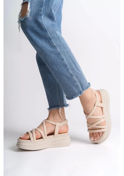Bella Lastikli Şerit Detaylı Ortopedik Taban Kadın Sandalet Kt - Krem modelleri