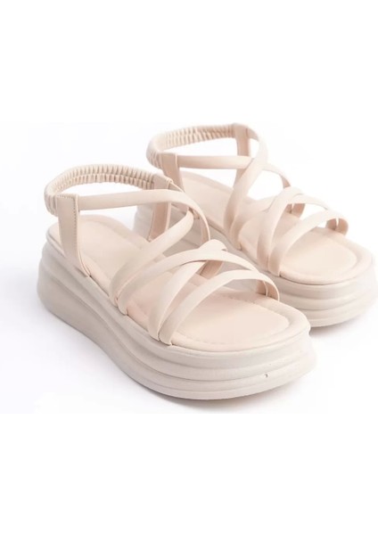 Bella Lastikli Şerit Detaylı Ortopedik Taban Kadın Sandalet Kt - Krem fırsatları