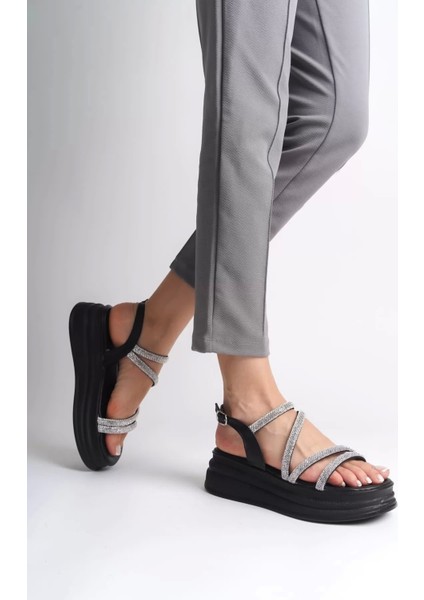 Rıley Ince Tokalı Taşlı Şeritli Ortopedik Taban Kadın Sandalet St - Siyah