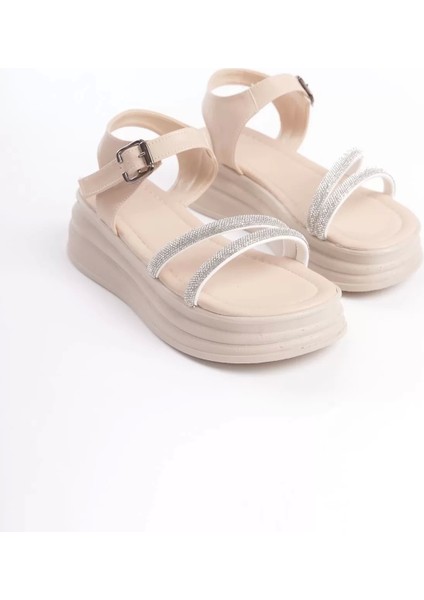 Zlohe Kalın Tokalı Taşlı Şeritli Ortopedik Taban Kadın Sandalet Kt - Krem fırsatları