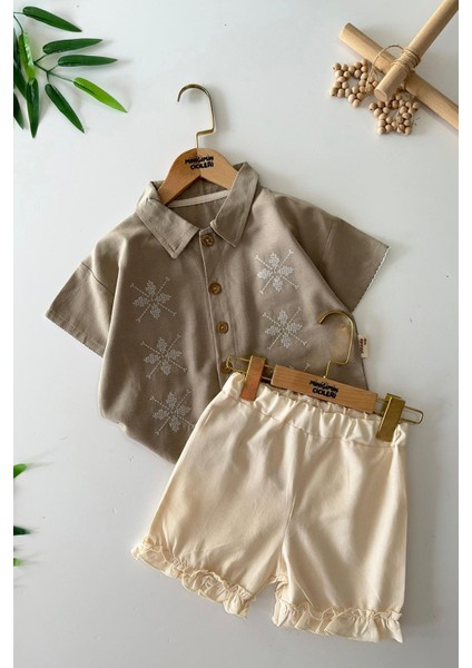 Işleme Detaylı Fırfırlı Kız Çocuk Şortlu 2 li takım - Yeşil