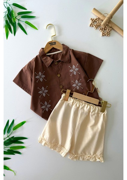Işleme Detaylı Fırfırlı Kız Çocuk Şortlu 2 li takım - Kahve