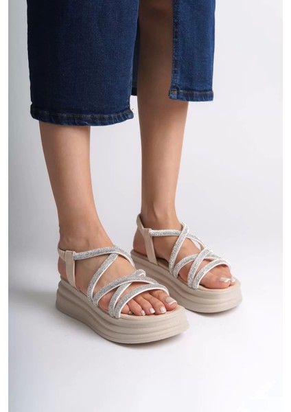 Elena Lastikli Taşlı Şeritli Ortopedik Taban Kadın Sandalet Kt - Krem