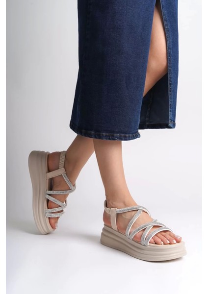 Elena Lastikli Taşlı Şeritli Ortopedik Taban Kadın Sandalet Kt - Krem fiyatları