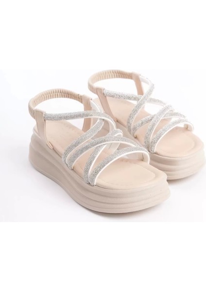 Elena Lastikli Taşlı Şeritli Ortopedik Taban Kadın Sandalet Kt - Krem fırsatları