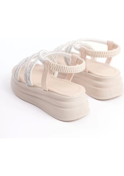 Elena Lastikli Taşlı Şeritli Ortopedik Taban Kadın Sandalet Kt - Krem indirimleri