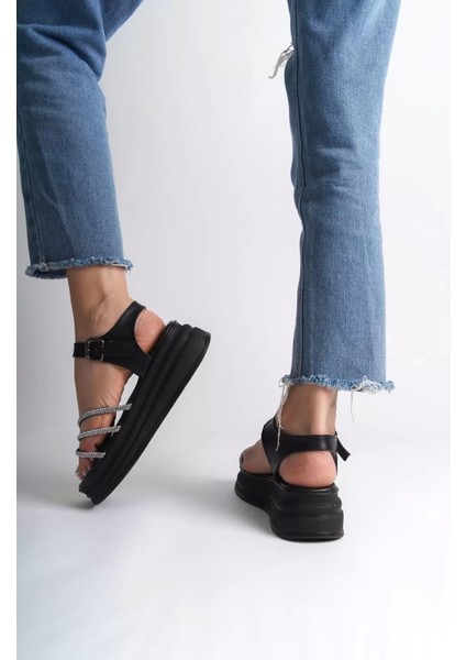 Eva Kalın Tokalı Taşlı Şeritli Ortopedik Taban Kadın Sandalet St - Siyah modelleri