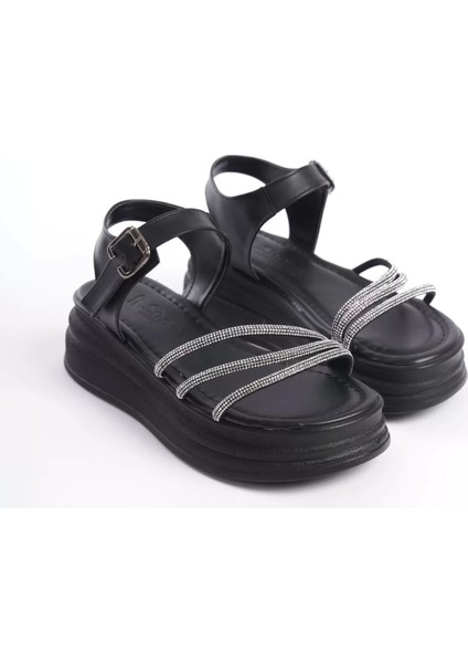Eva Kalın Tokalı Taşlı Şeritli Ortopedik Taban Kadın Sandalet St - Siyah fırsatları