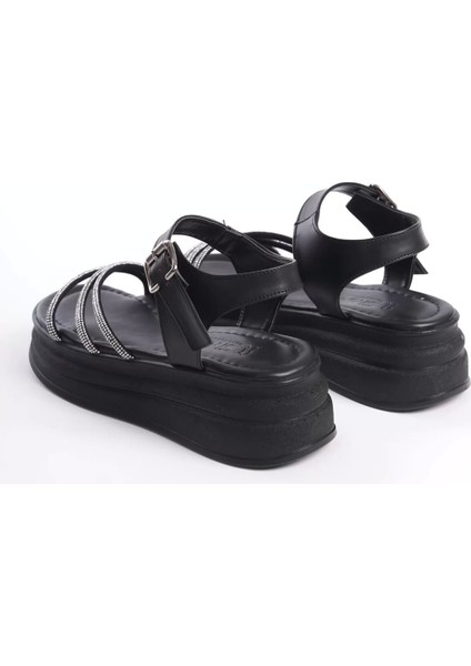 Eva Kalın Tokalı Taşlı Şeritli Ortopedik Taban Kadın Sandalet St - Siyah indirimleri
