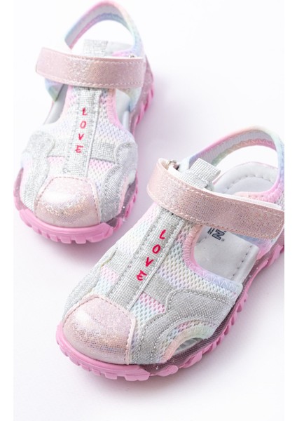 Kız Çocuk Gümüş Kapalı Kaydırmaz Taban Spor Sandalet