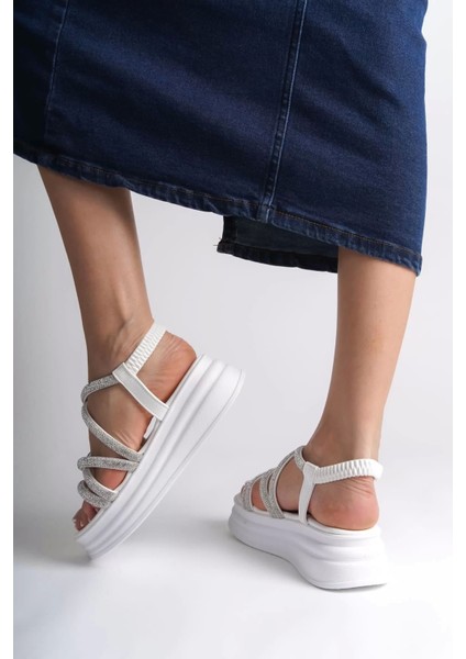 Elena Lastikli Taşlı Şeritli Ortopedik Taban Kadın Sandalet Bt - Beyaz modelleri