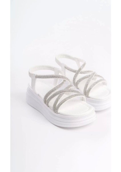 Elena Lastikli Taşlı Şeritli Ortopedik Taban Kadın Sandalet Bt - Beyaz fırsatları