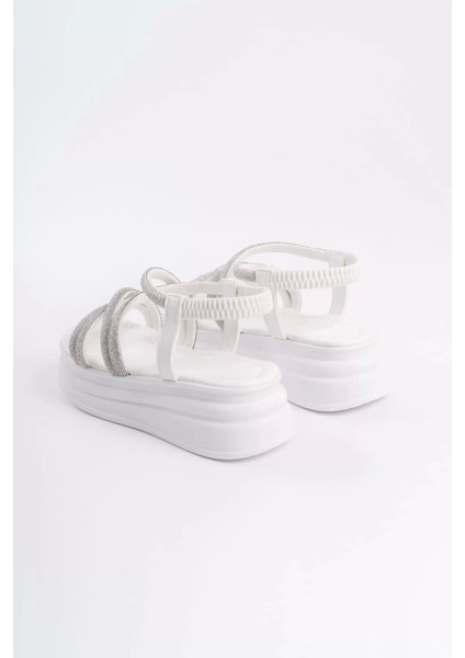 Elena Lastikli Taşlı Şeritli Ortopedik Taban Kadın Sandalet Bt - Beyaz indirimleri