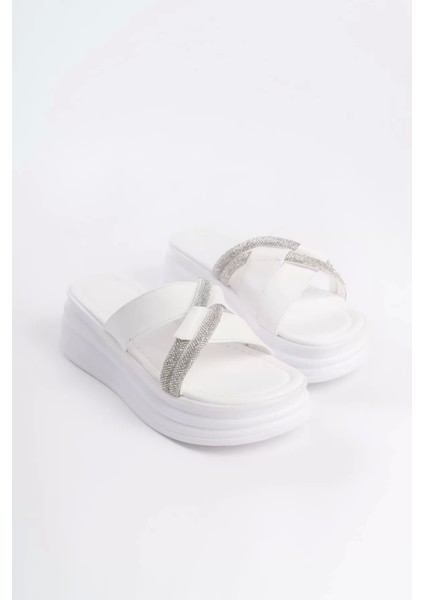 Ruby Düz Topuklu Taşlı Çapraz Şeritli Kalın ve Ortopedik Taban Kadın Terlik Bt - Beyaz fırsatları