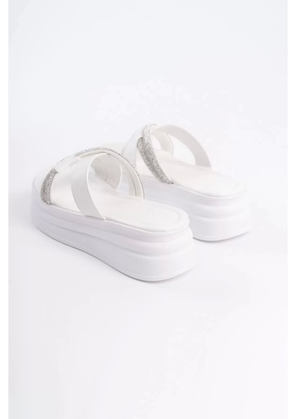 Ruby Düz Topuklu Taşlı Çapraz Şeritli Kalın ve Ortopedik Taban Kadın Terlik Bt - Beyaz indirimleri