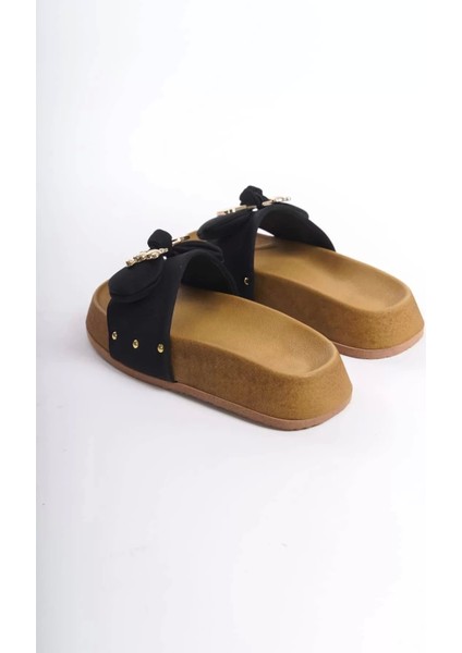 Dıla Kalın ve Ortopedik Taban Ayıcıklı Saten Kadın Terlik Kt - Siyah indirimleri