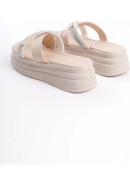 Ruby Düz Topuklu Taşlı Çapraz Şeritli Kalın ve Ortopedik Taban Kadın Terlik Kt - Krem indirimleri