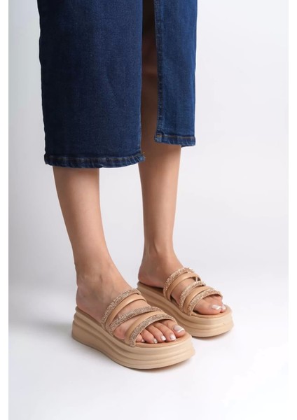 Elıse Düz Topuklu Şeritli Taşlı Kalın ve Ortopedik Taban Kadın Terlik Tt - Ten