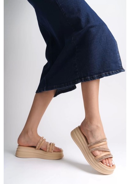 Elıse Düz Topuklu Şeritli Taşlı Kalın ve Ortopedik Taban Kadın Terlik Tt - Ten modelleri