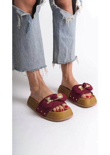 Dıla Kalın ve Ortopedik Taban Ayıcıklı Saten Kadın Terlik Kt - Bordo