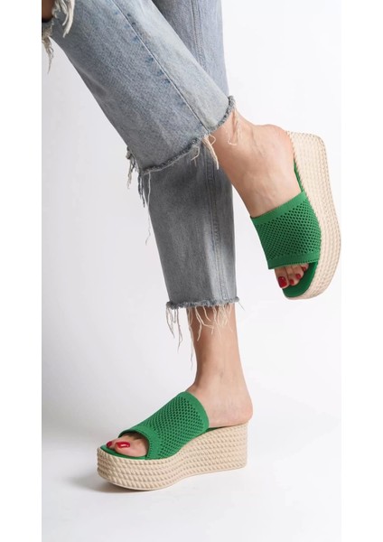 Marla Dolgu Topuklu Ortopedik Taban Hasır Görünümlü Triko Kadın Terlik Kt - Yeşil modelleri