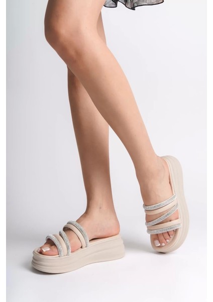 Elıse Düz Topuklu Şeritli Taşlı Kalın ve Ortopedik Taban Kadın Terlik Kt - Krem fiyatları