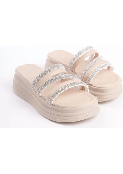 Elıse Düz Topuklu Şeritli Taşlı Kalın ve Ortopedik Taban Kadın Terlik Kt - Krem fırsatları