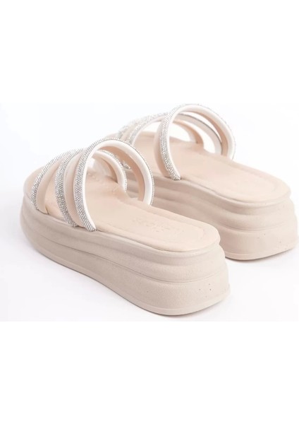 Elıse Düz Topuklu Şeritli Taşlı Kalın ve Ortopedik Taban Kadın Terlik Kt - Krem indirimleri