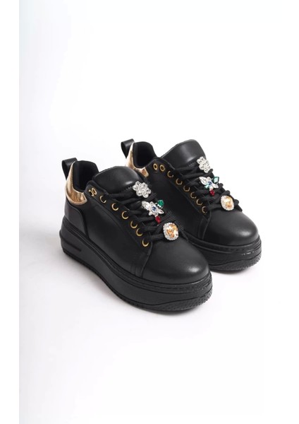 Brıanna Bağcıklı Ortopedik Taban Renkli Taş Dekorlu Kadın Sneaker Spor Ayakkabı St - Siyah/altın fırsatları