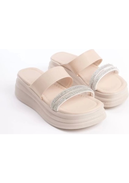 Sarah Düz Topuklu Taşlı Şeritli Kalın ve Ortopedik Taban Kadın Terlik Kt - Krem fırsatları